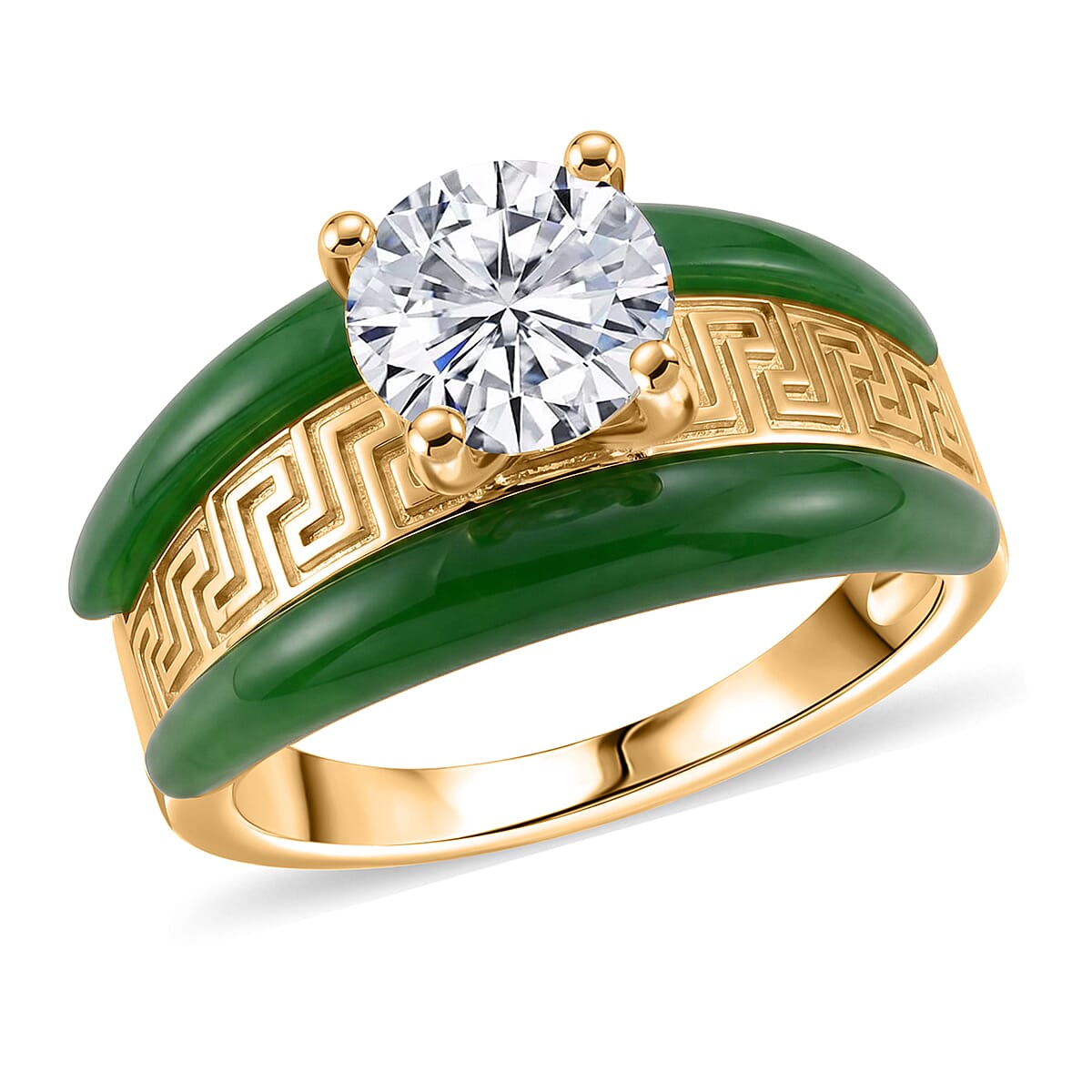 D'Joy Moissanite and Green Jade (D) 6.35 ctw Band Ring in 14K Yellow Gold Over Sterling Silver (Size 6.0)