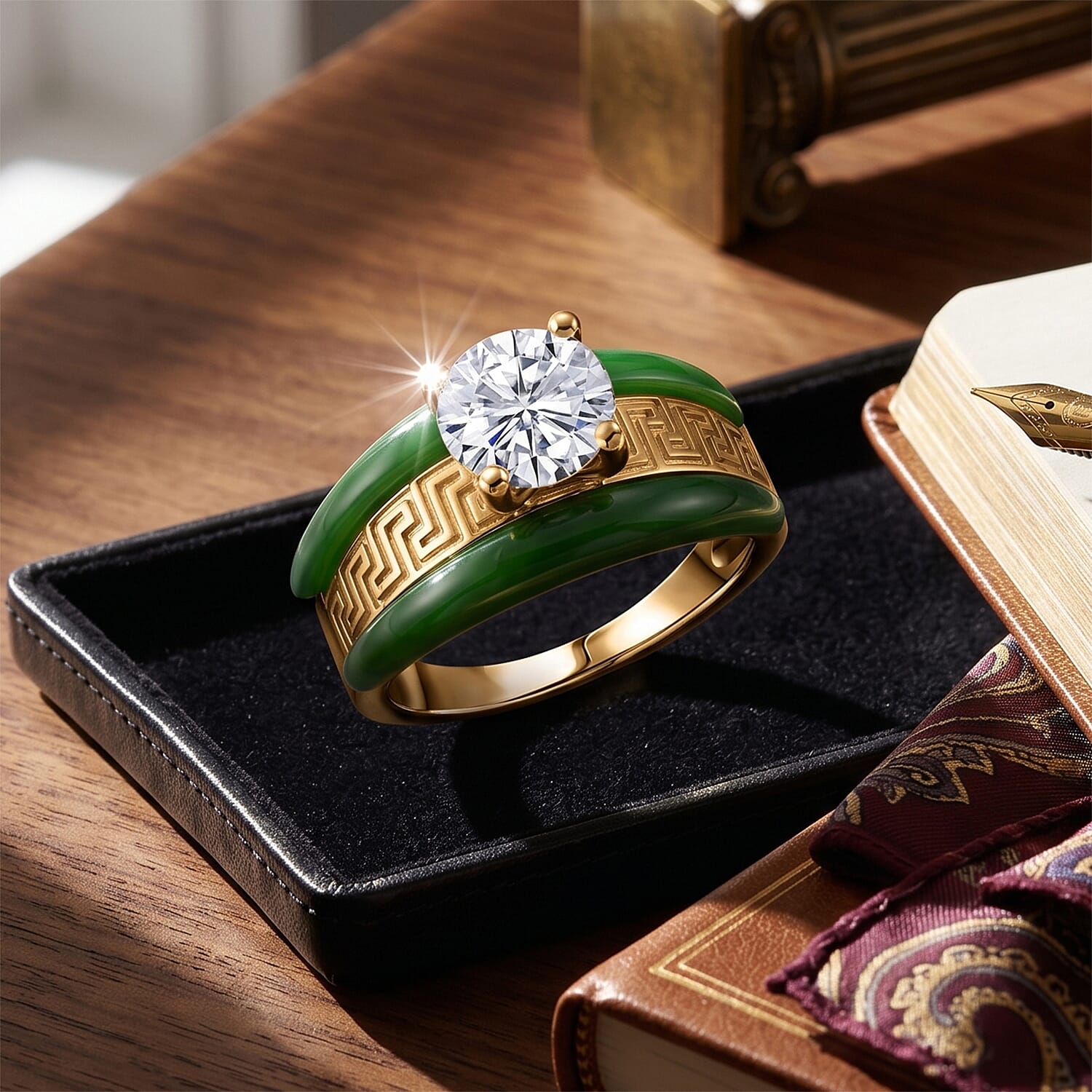 D'Joy Moissanite and Green Jade (D) 6.35 ctw Band Ring in 14K Yellow Gold Over Sterling Silver (Size 6.0)