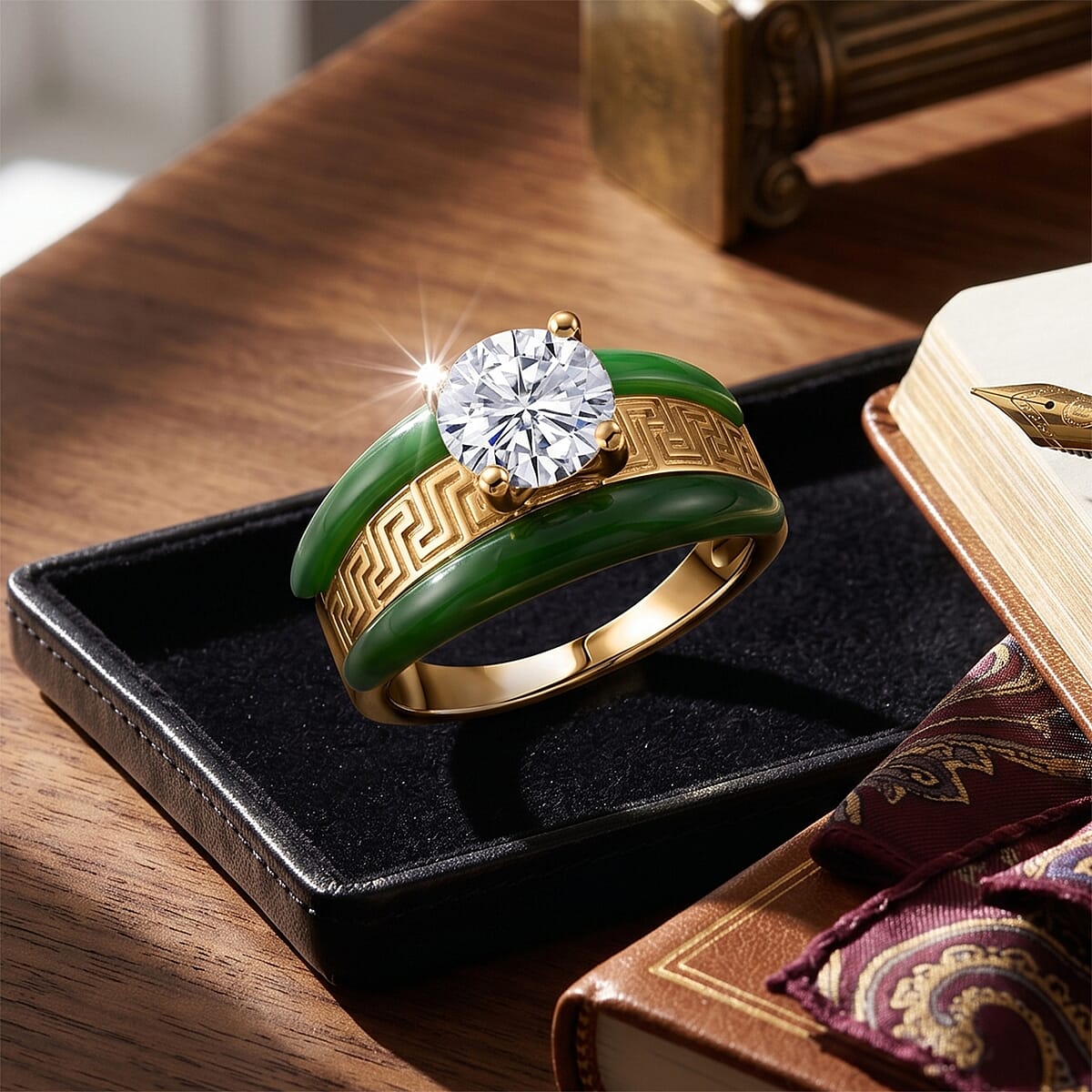 D'Joy Moissanite and Green Jade (D) 6.35 ctw Band Ring in 14K Yellow Gold Over Sterling Silver (Size 7.0) image number 1