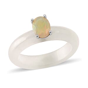 D'Joy Ethiopian Welo Opal and White Jade (D) 16.50 ctw Band Ring in Rhodium Over Sterling Silver (Size 8.0)