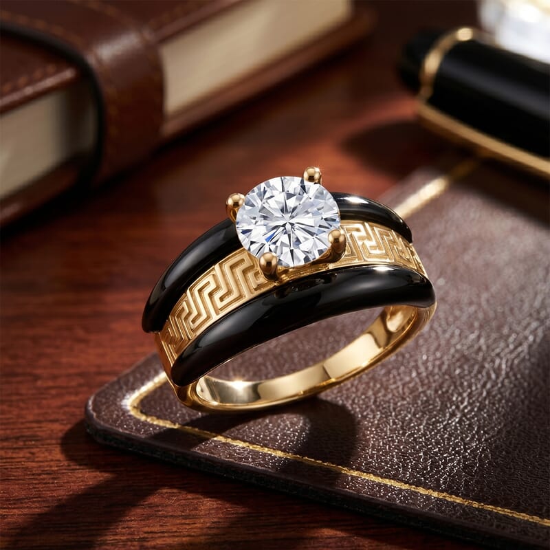 D'Joy Moissanite and Black Jade (D) 5.70 ctw Band Ring 14K Yellow Gold Over Sterling Silver (Size 5.0)
