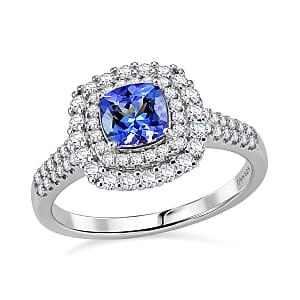 D'Joy Tanzanite ,  Moissanite  Main Stone With Surrounding Stone Ring in Rhodium OverSterling Silver 2.28 ctw