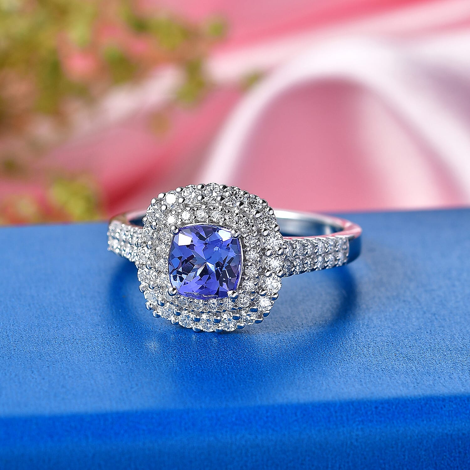 Certified & Appraised D'Joy Tanzanite and Moissanite 2.15 ctw Ring in Rhodium Over Sterling Silver (Size 10.0)