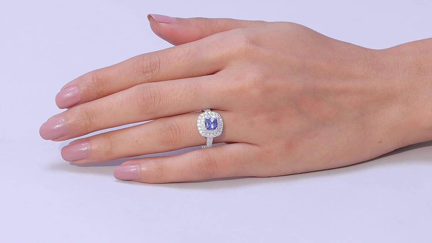 D'Joy Tanzanite and Moissanite 2.15 ctw Ring in Rhodium Over Sterling Silver (Size 10.0)