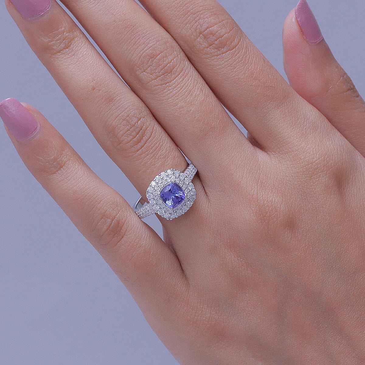 D'Joy Certified & Appraised Tanzanite and Moissanite 2.15 ctw Ring in Rhodium Over Sterling Silver (Size 9.0) image number 2