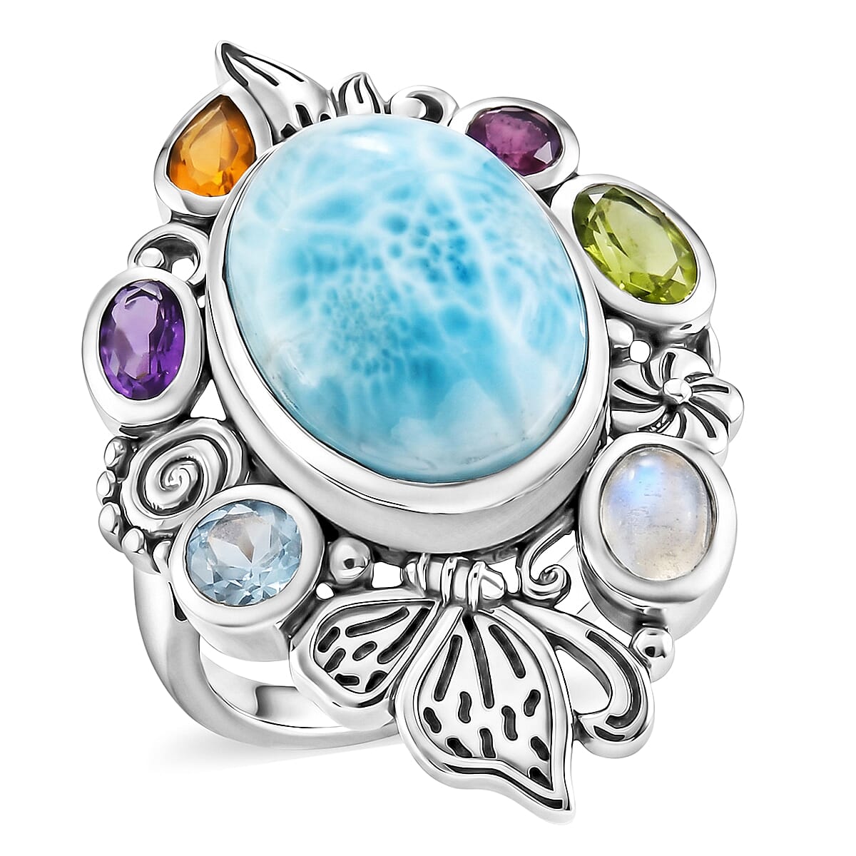 D'Joy Indian Artisan Crafted AAA Larimar and Multi Gemstone 13.50 ctw Ring in Sterling Silver (Size 6.0)