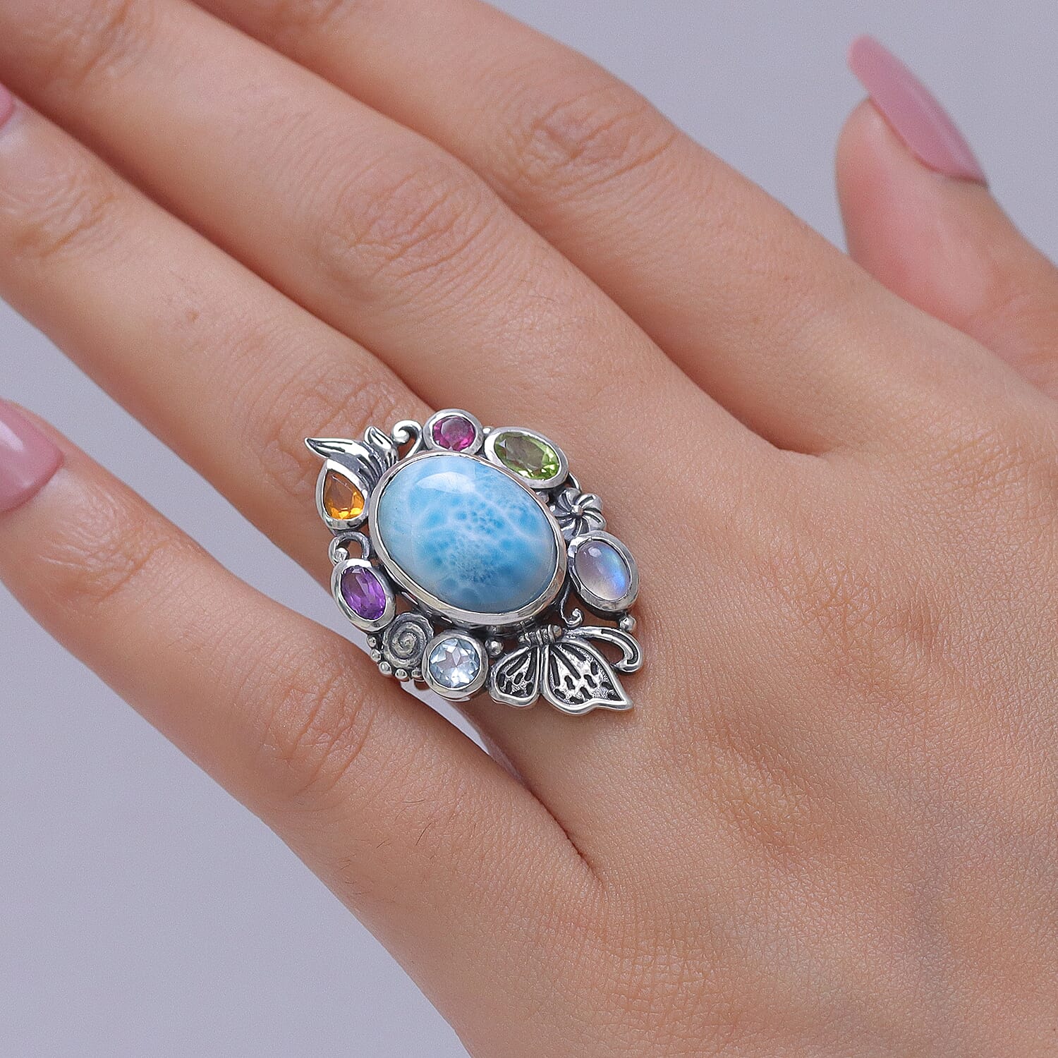 D'Joy Indian Artisan Crafted AAA Larimar and Multi Gemstone 13.50 ctw Ring in Sterling Silver (Size 6.0)