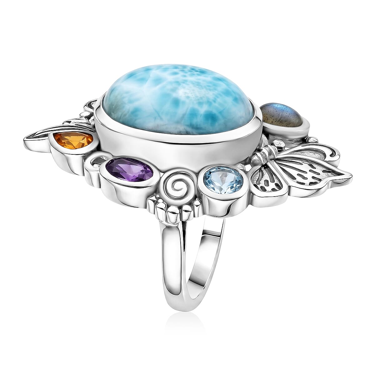 D'Joy Indian Artisan Crafted AAA Larimar and Multi Gemstone 13.50 ctw Ring in Sterling Silver (Size 6.0)