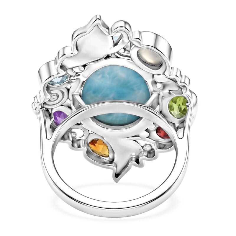 D'Joy Indian Artisan Crafted AAA Larimar and Multi Gemstone 13.50 ctw Ring in Sterling Silver (Size 6.0)