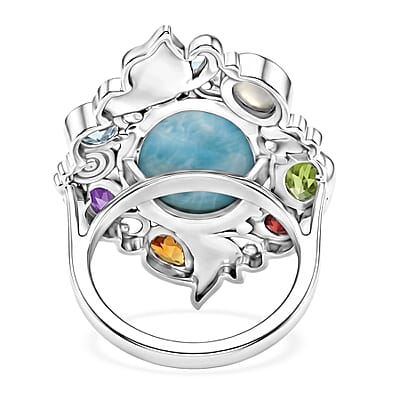 D'Joy Indian Artisan Crafted Larimar and Multi Gemstone 13.50 ctw Ring in Sterling Silver (Size 7.0)
