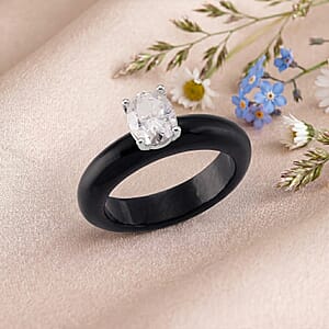 D'Joy Moissanite, Black Jade (D) 15.10 ctw Band Ring in Rhodium Over Sterling Silver (Size 6.0)