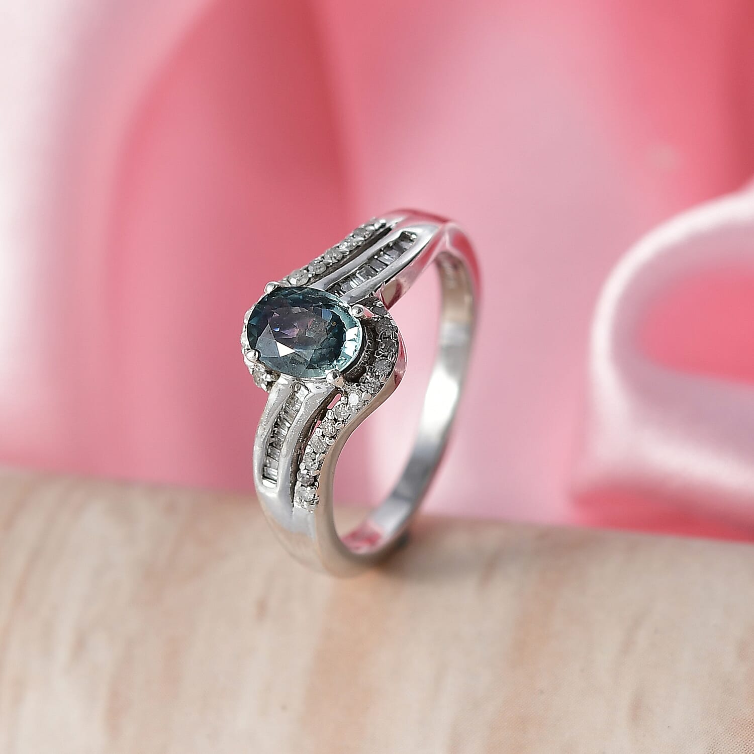 D'Joy Premium Montana Sapphire and Diamond 1.15 ctw Crossing Paths Ring in Rhodium Over Sterling Silver (Size  6.0)