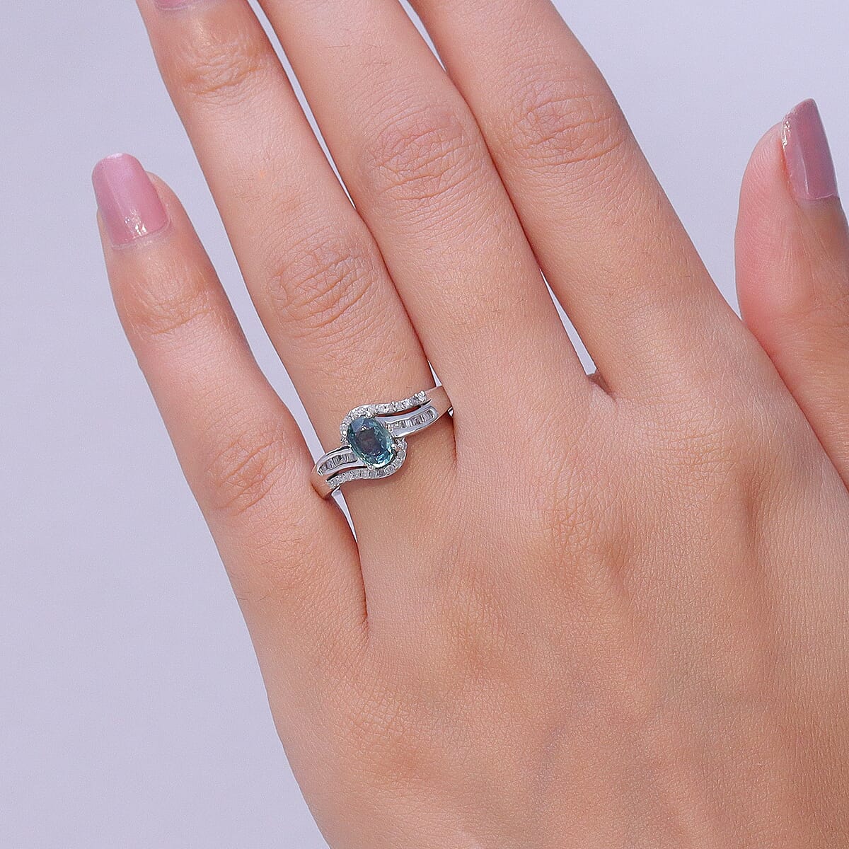 D'Joy Premium Montana Sapphire and Diamond 1.15 ctw Crossing Paths Ring in Rhodium Over Sterling Silver (Size 6.0) (Del. in 8-10 Days) image number 2