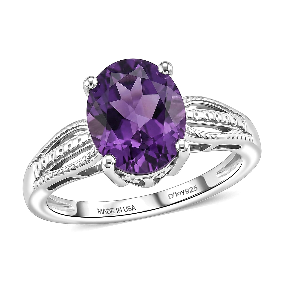 D'Joy Moroccan Amethyst Solitaire Ring in Rhodium Over Sterling Silver (Size 10.0) 2.50 ctw