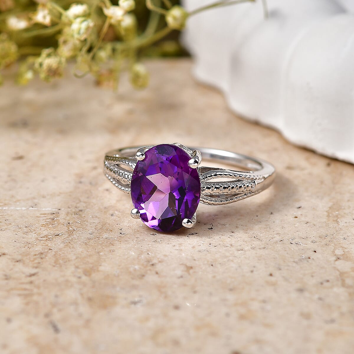 D'Joy Moroccan Amethyst Solitaire Ring in Rhodium Over Sterling Silver (Size 10.0) 2.50 ctw image number 1