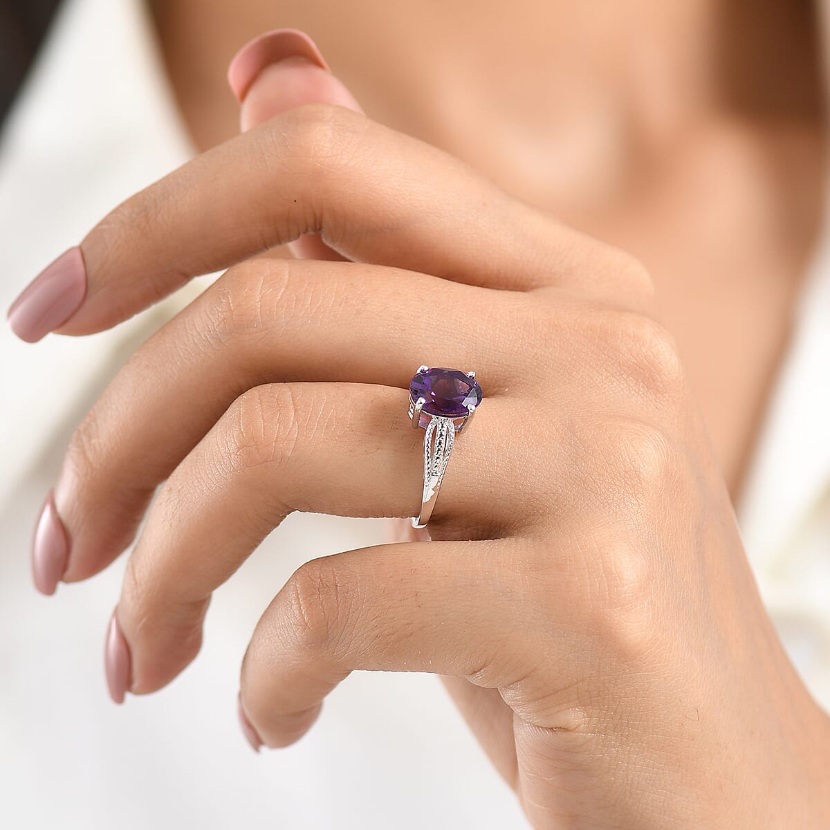 D'Joy Moroccan Amethyst Solitaire Ring in Rhodium Over Sterling Silver (Size 10.0) 2.50 ctw image number 2