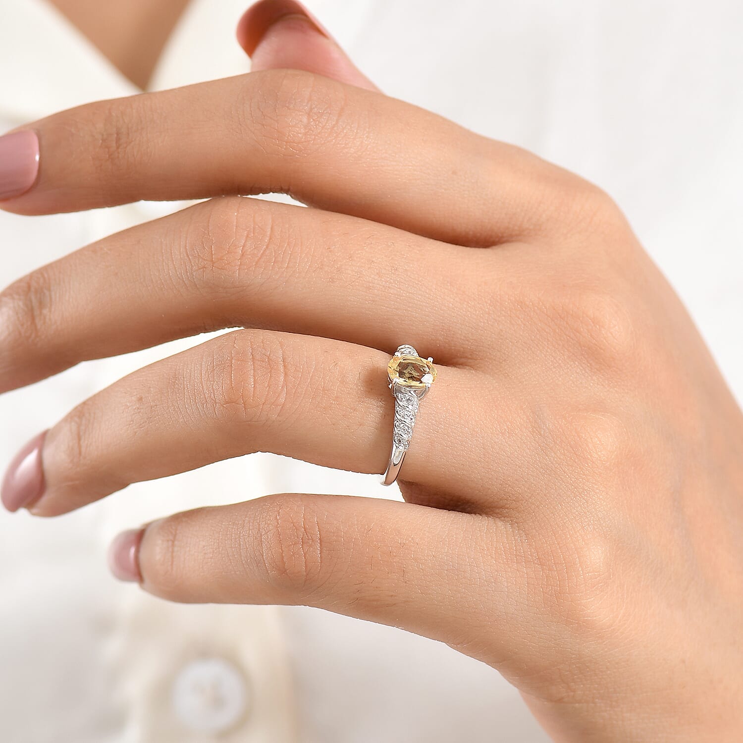 D'Joy Yellow Beryl and White Zircon 0.90 ctw Ring in Rhodium Over Sterling Silver (Size 10.0)