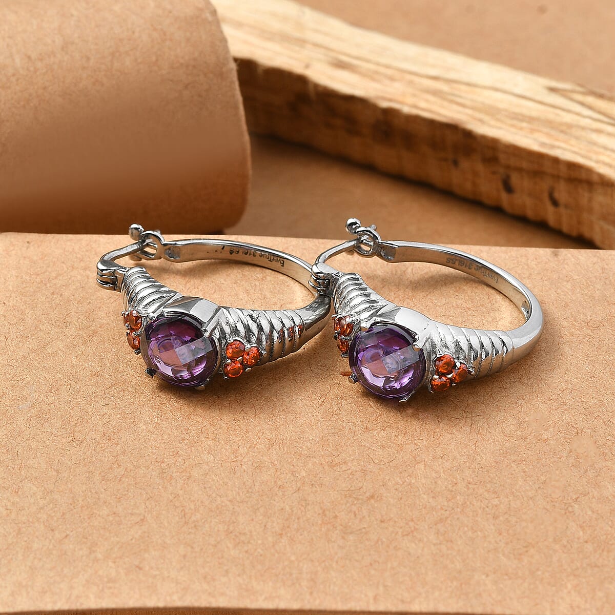 EverTrue Simulated Amethyst Color and Orange Diamond Hoop Earrings in Stainless Steel image number 1
