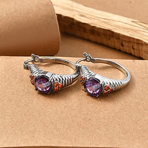 EverTrue Simulated Amethyst Color and Orange Diamond Hoop Earrings in Stainless Steel