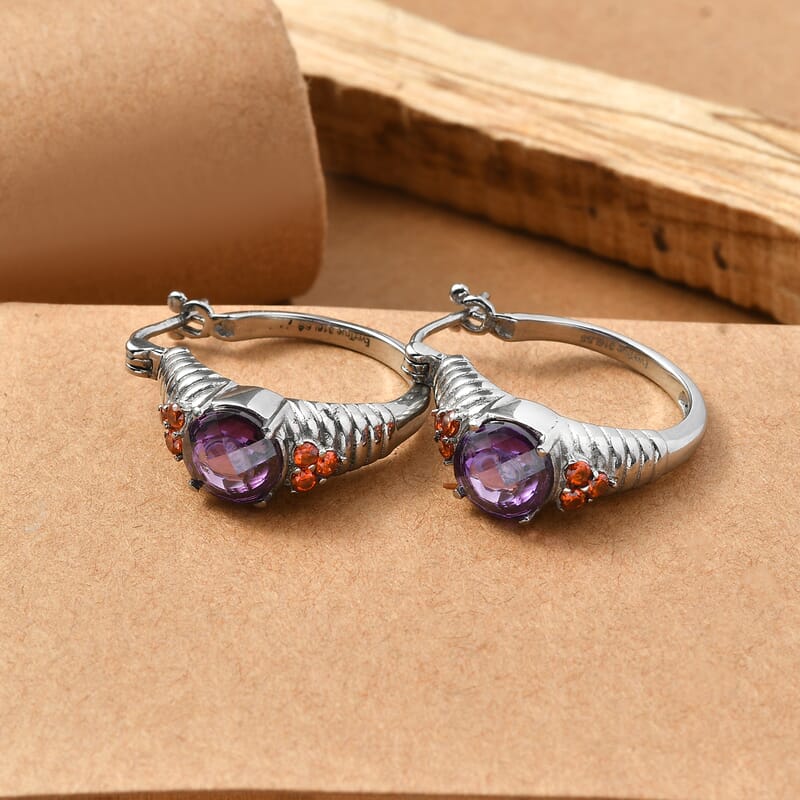 EverTrue Simulated Amethyst Color and Orange Diamond Hoop Earrings in Stainless Steel