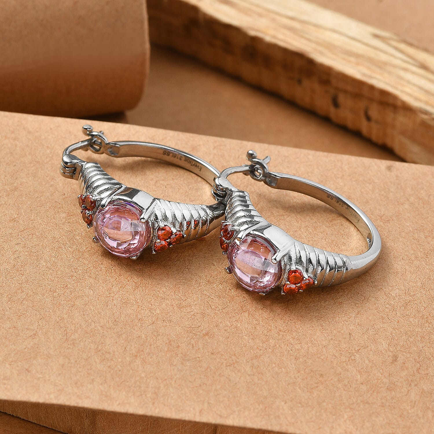 EverTrue Simulated Pink and Orange Diamond Hoop Earrings in Stainless Steel