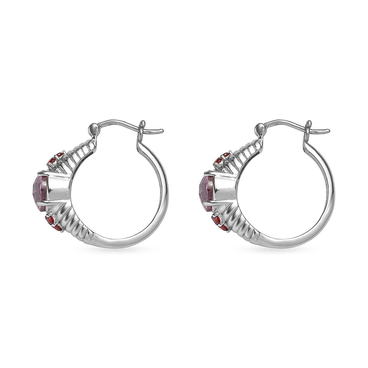 EverTrue Simulated Pink and Orange Diamond Hoop Earrings in Stainless Steel image number 3