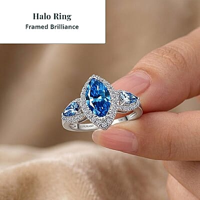 Luxuriant Lab Grown Blue Diamond IR and Lab Grown Diamond VS 2.50 ctw Trio Brilliance Halo Ring in 10K White Gold (Size 6.0)