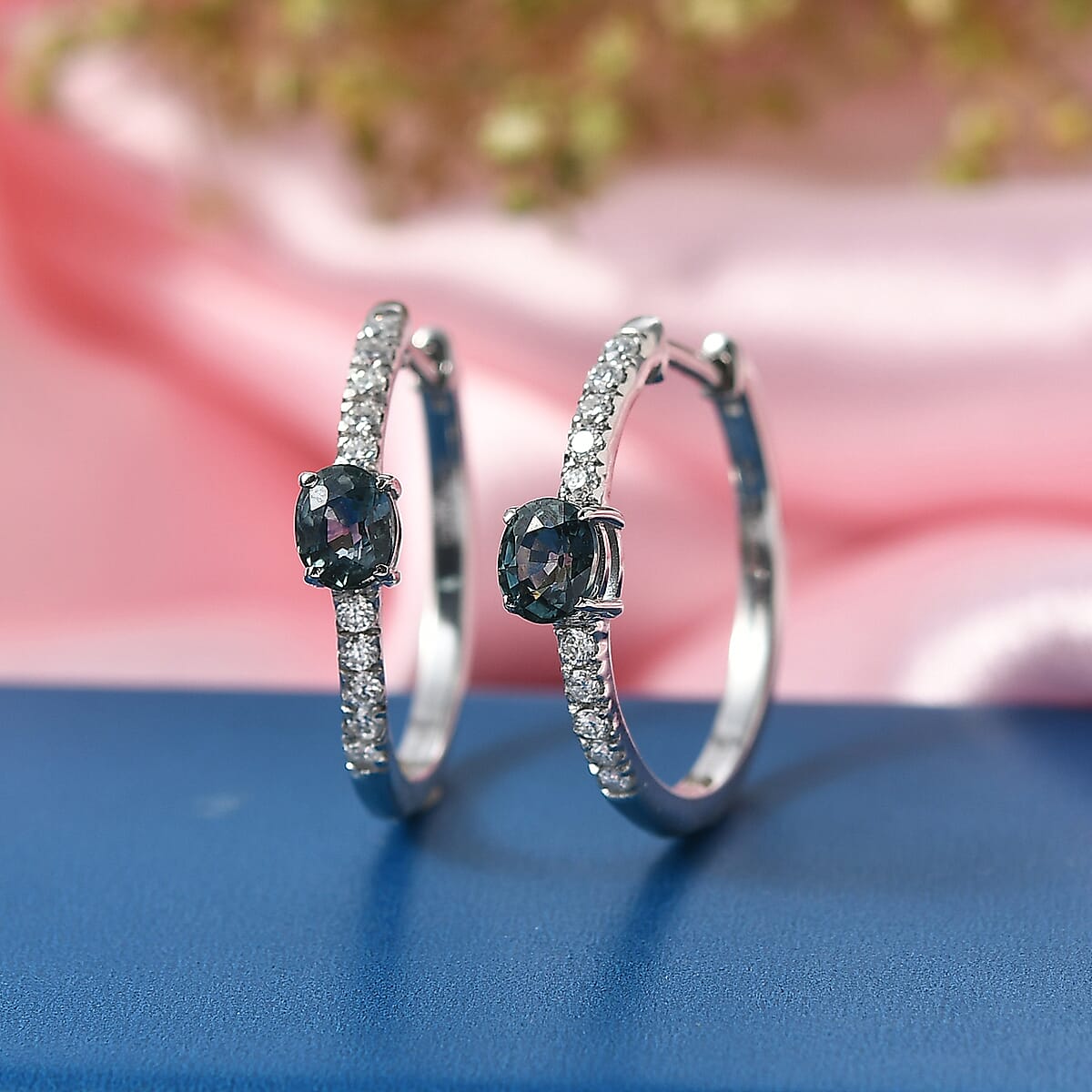 D'Joy Montana Sapphire and Moissanite 1.60 ctw City Lights Hoop Earrings in Rhodium Over Sterling Silver (Del. in 8-10 Days) image number 1