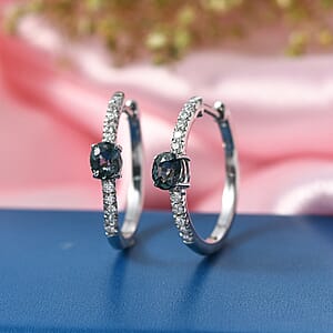 D'Joy Montana Sapphire and Moissanite 1.60 ctw City Lights Hoop Earrings in Rhodium Over Sterling Silver (Del. in 8-10 Days)