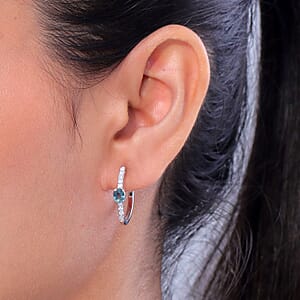 D'Joy Montana Sapphire and Moissanite 1.60 ctw City Lights Hoop Earrings in Rhodium Over Sterling Silver (Del. in 8-10 Days)