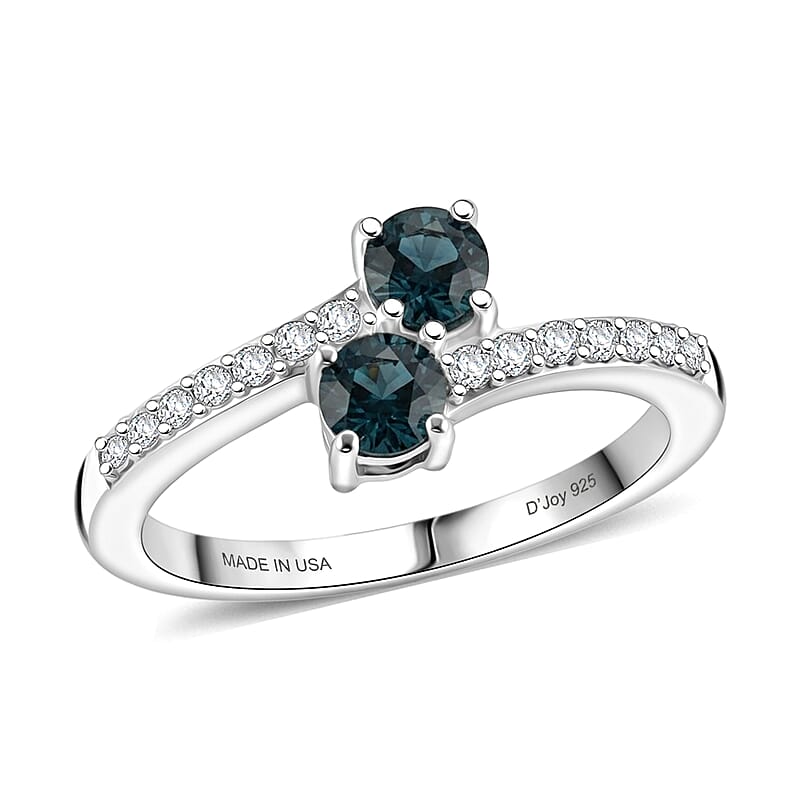 D'Joy Montana Sapphire and Moissanite 0.90 ctw Stars Twinning Ring in Rhodium Over Sterling Silver (Size  10.0)