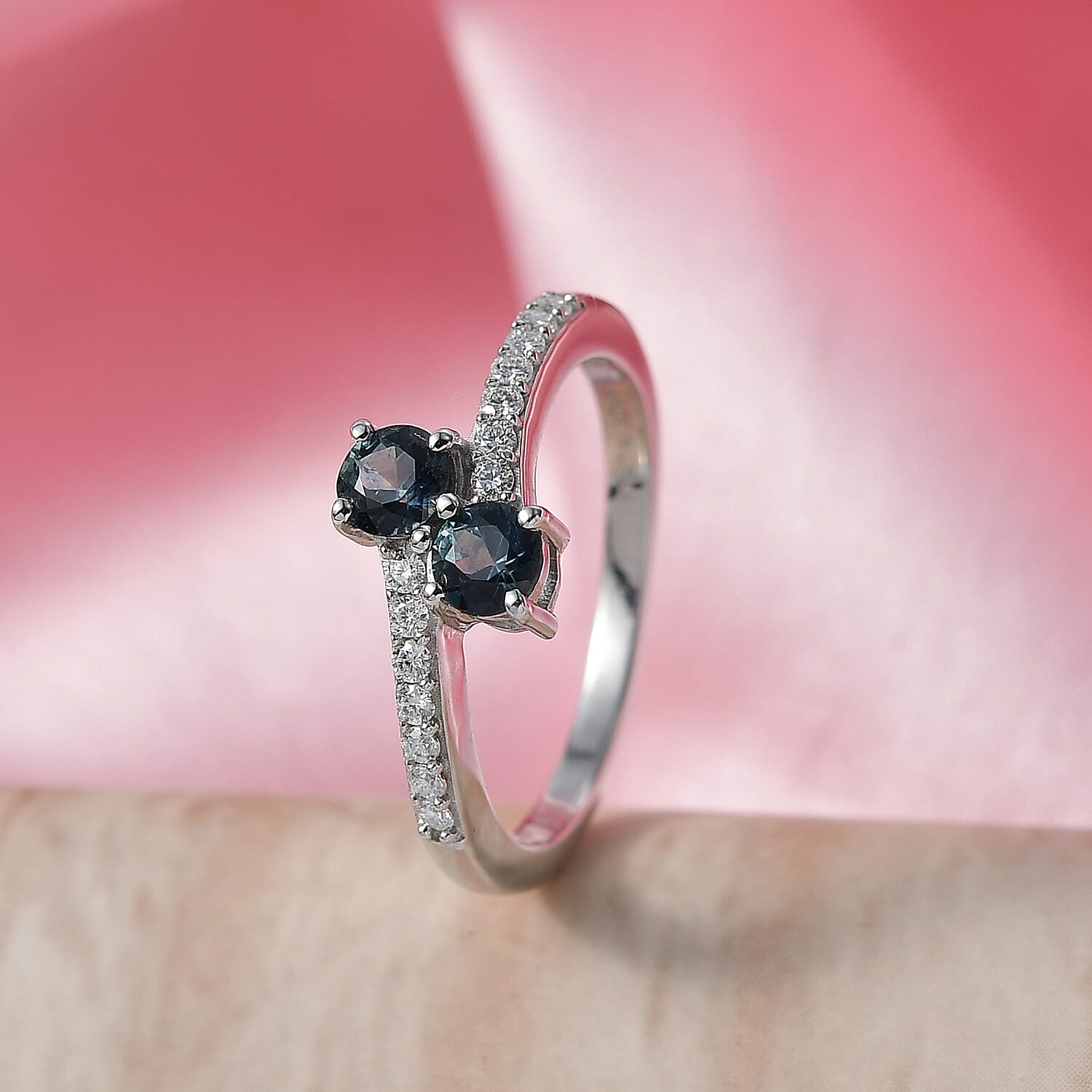 D'Joy Montana Sapphire and Moissanite 0.90 ctw Stars Twinning Ring in Rhodium Over Sterling Silver (Size 10.0)