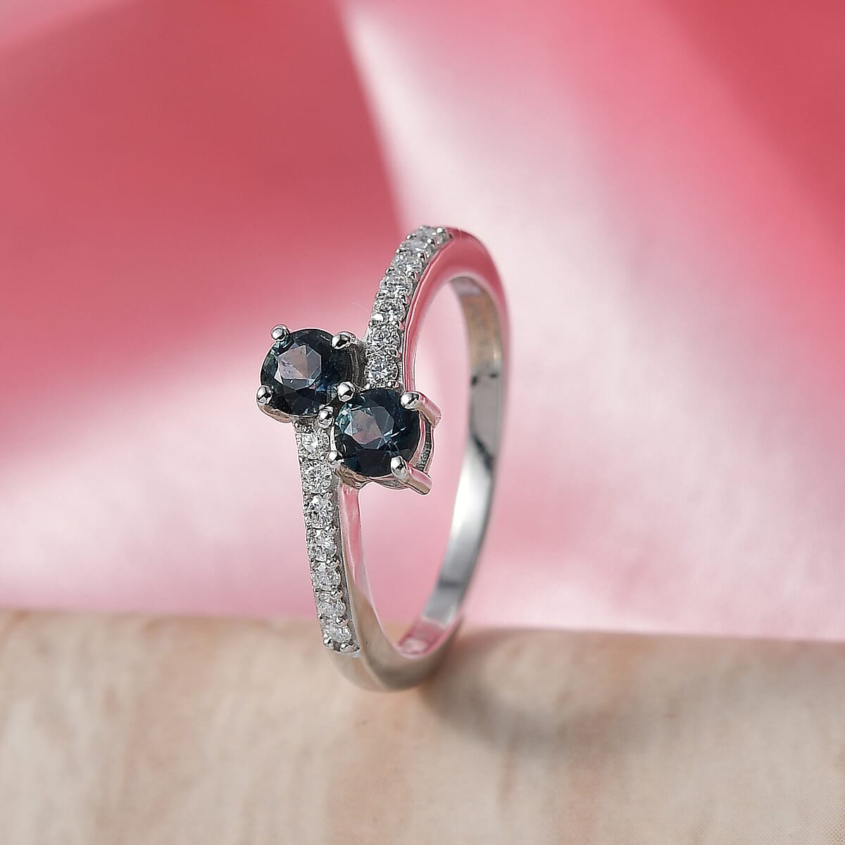 D'Joy Montana Sapphire and Moissanite 0.90 ctw Stars Twinning Ring in Rhodium Over Sterling Silver (Size 10.0) (Del. in 8-10 Days) image number 1