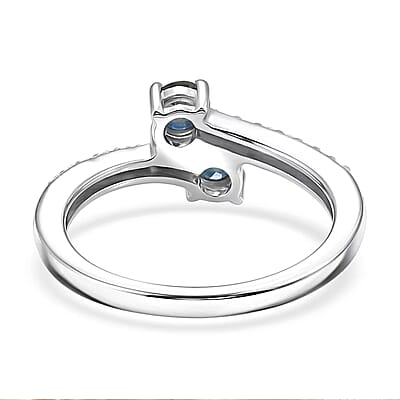 D'Joy Montana Sapphire and Moissanite 0.90 ctw Stars Twinning Ring in Rhodium Over Sterling Silver (Size  10.0)