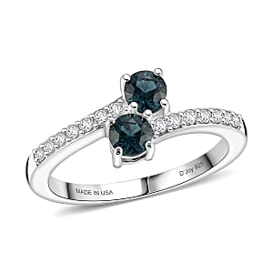 D'Joy Montana Sapphire and Moissanite 0.90 ctw Stars Twinning Ring in Rhodium Over Sterling Silver (Size  5.0)
