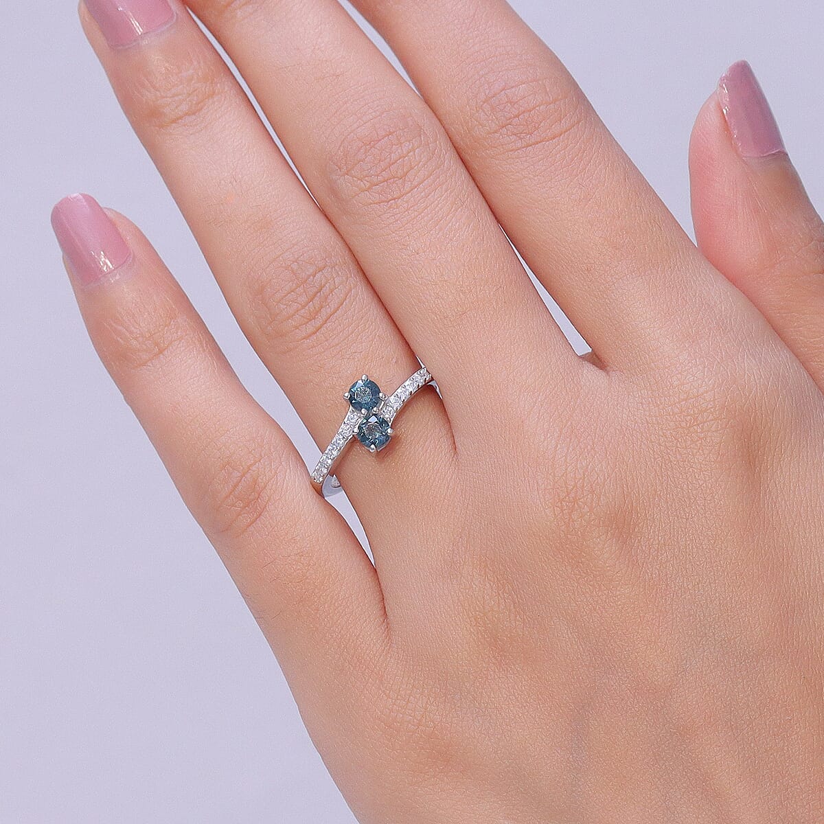 D'Joy Montana Sapphire and Moissanite 0.90 ctw Stars Twinning Ring in Rhodium Over Sterling Silver (Size  5.0) image number 2
