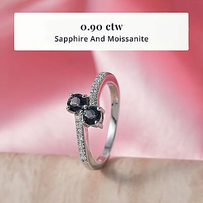 D'Joy Montana Sapphire and Moissanite 0.90 ctw Stars Twinning Ring in Rhodium Over Sterling Silver (Size 5.0)