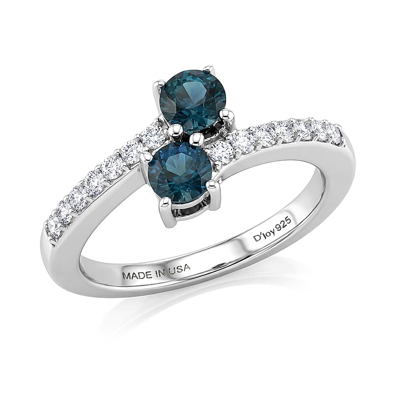 D'Joy Montana Sapphire and Moissanite 0.90 ctw Stars Twinning Ring in Rhodium Over Sterling Silver (Size  6.0)