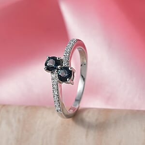 D'Joy Montana Sapphire and Moissanite 0.90 ctw Stars Twinning Ring in Rhodium Over Sterling Silver (Size 8.0) (Del. in 8-10 Days)