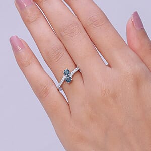 D'Joy Montana Sapphire and Moissanite 0.90 ctw Stars Twinning Ring in Rhodium Over Sterling Silver (Size 8.0) (Del. in 8-10 Days)