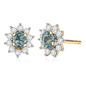 D'Joy Montana Sapphire and White Zircon 1.00 ctw Sunburst Earrings in 18K Vermeil Yellow Gold Over Sterling Silver (Del. in 8-10 Days)