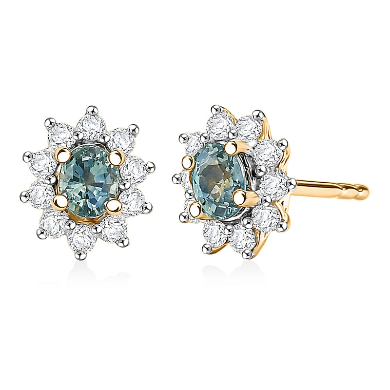 D'Joy Montana Sapphire and White Zircon 1.00 ctw Sunburst Earrings in 18K Vermeil Yellow Gold Over Sterling Silver