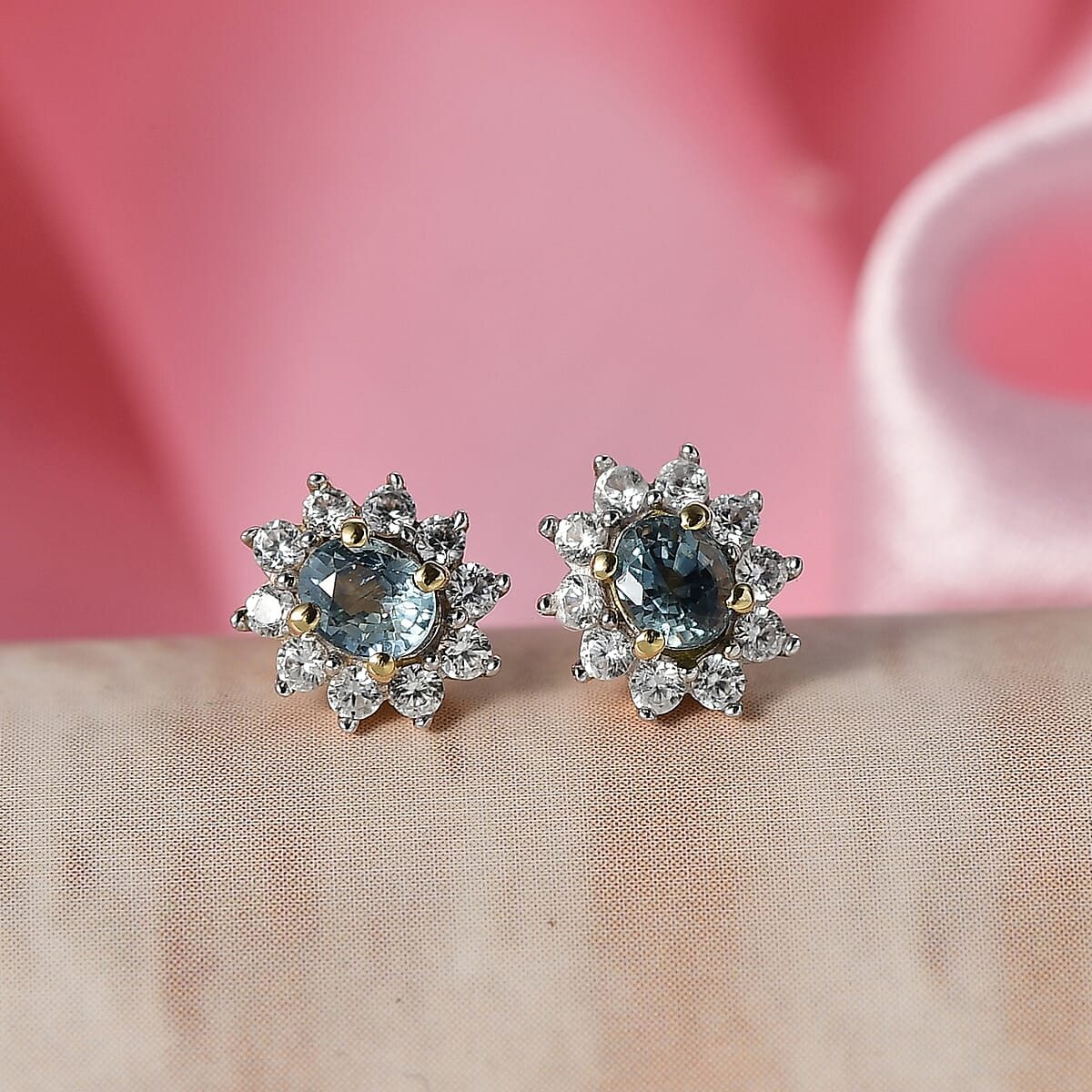 D'Joy Montana Sapphire and White Zircon 1.00 ctw Sunburst Earrings in 18K Vermeil Yellow Gold Over Sterling Silver image number 1