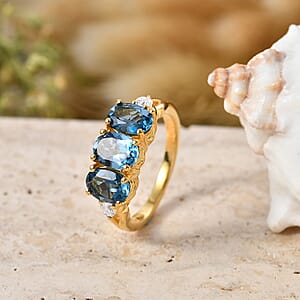 EverTrue Premium London Blue Topaz and Moissanite 3.00 ctw Trilogy Ring in 18K YG Plated (Size 10.0)