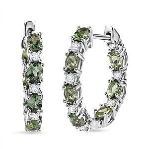 D'Joy Premium Natural Green Apatite and White Zircon 3.30 ctw Hoop Earrings in Rhodium Over Sterling Silver
