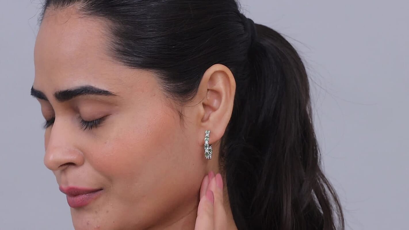 D'Joy Premium Natural Green Apatite and White Zircon 3.30 ctw Hoop Earrings in Rhodium Over Sterling Silver