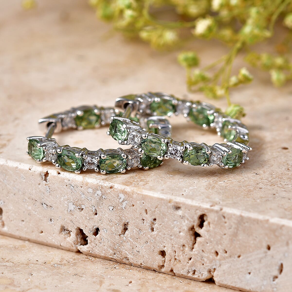 D'Joy Premium Natural Green Apatite and White Zircon 3.30 ctw Hoop Earrings in Rhodium Over Sterling Silver image number 1