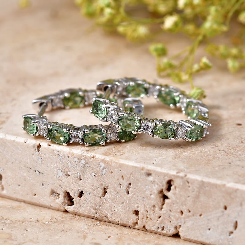 D'Joy Premium Natural Green Apatite and White Zircon 3.30 ctw Hoop Earrings in Rhodium Over Sterling Silver