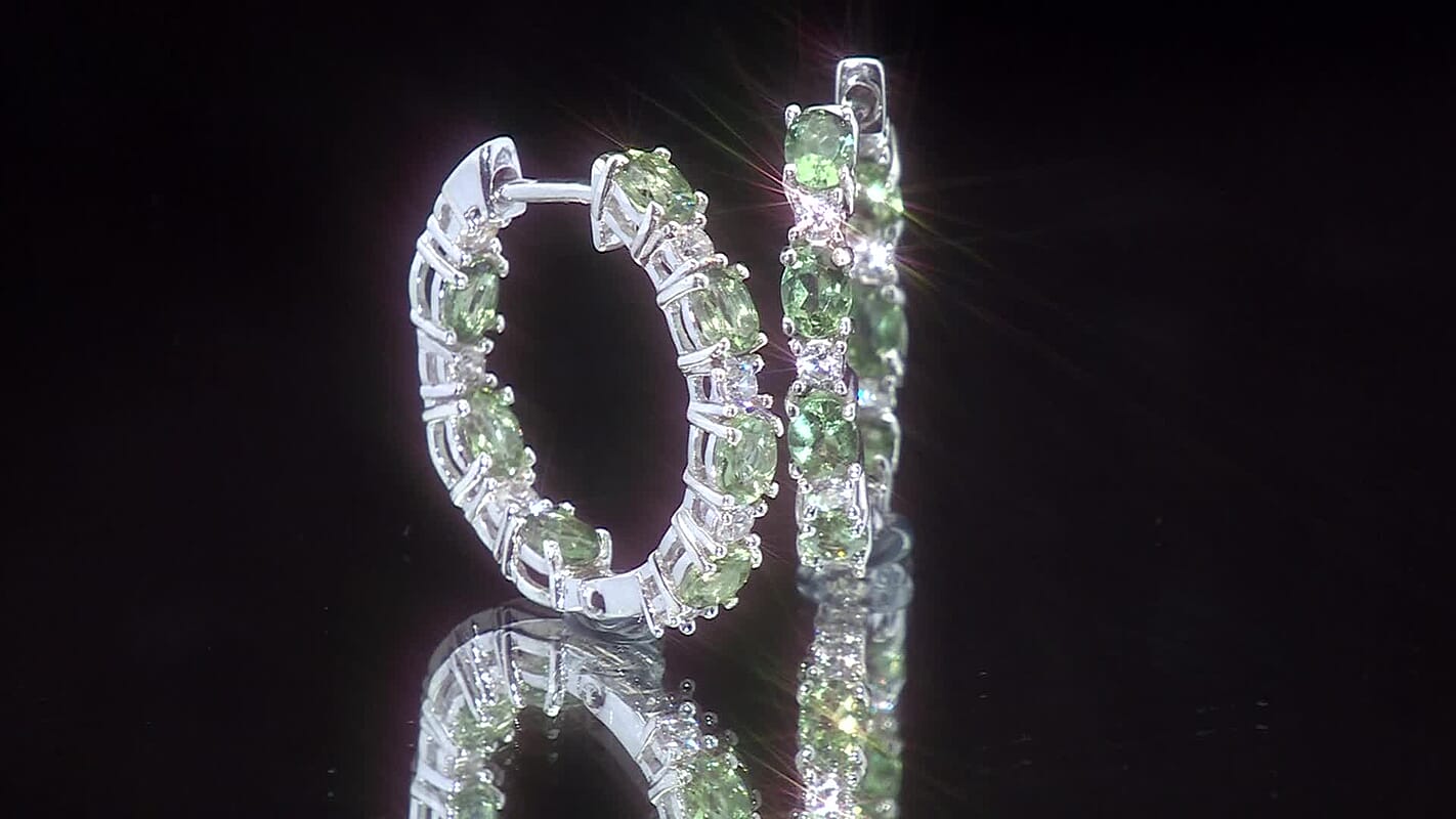 D'Joy Premium Natural Green Apatite and White Zircon 3.30 ctw Hoop Earrings in Rhodium Over Sterling Silver