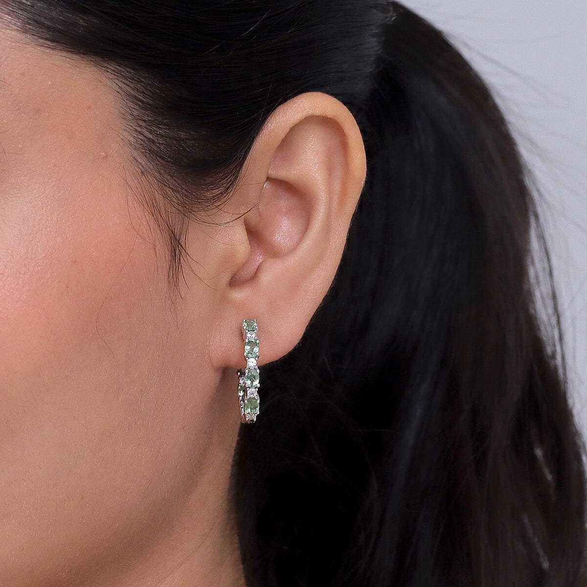 D'Joy Premium Natural Green Apatite and White Zircon 3.30 ctw Hoop Earrings in Rhodium Over Sterling Silver image number 2